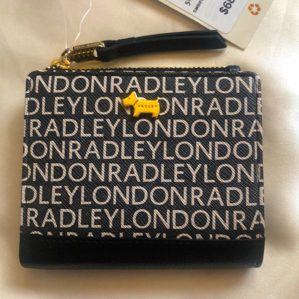 Radley London Black & White Logo Small Leather Bifold Wallet Gold Tone Dog NWT
